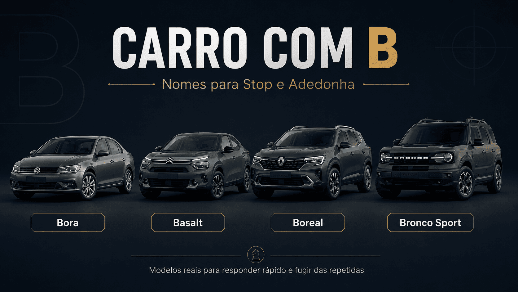 Carro com B para Stop ou Adedonha veja 18 modelos reais, dos mais conhecidos aos menos óbvios, e escolha uma boa resposta para fugir das repetidas.