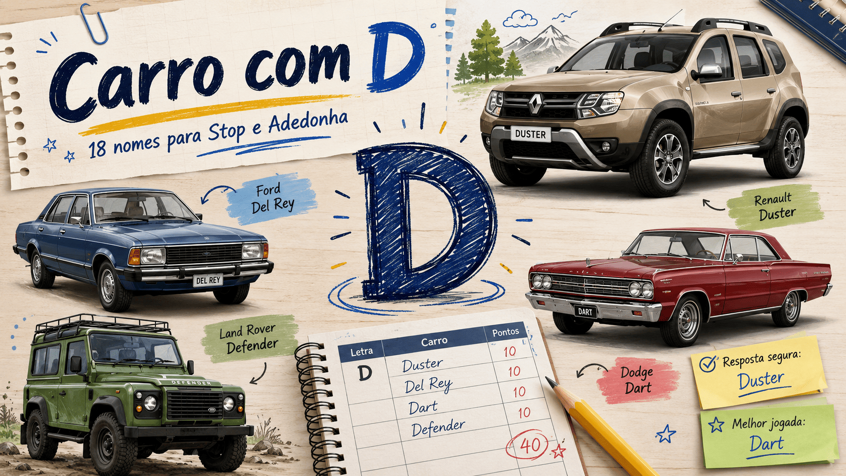 Carro com D nomes para usar no Stop e marcar mais pontos