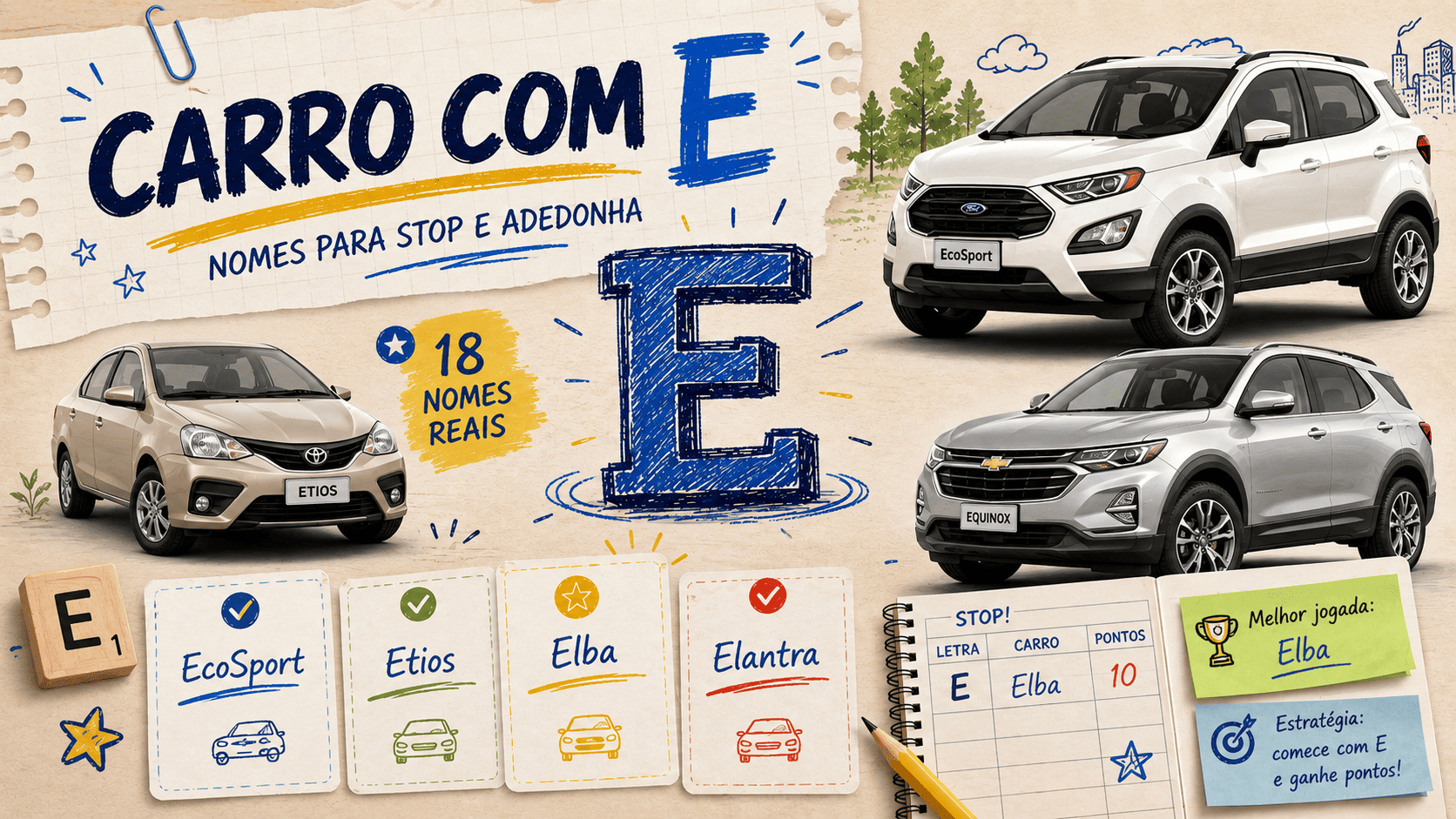 Carro com E nomes para usar no Stop e marcar mais pontos